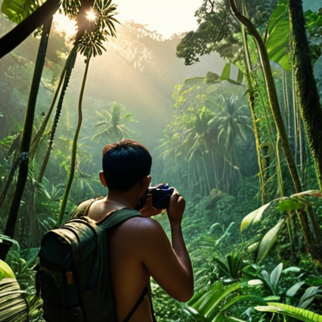 **Prompt 1:** A Thai explorer venturing into a lush, vibrant jungle at dawn, searching for a mythical creature, camera in hand.
