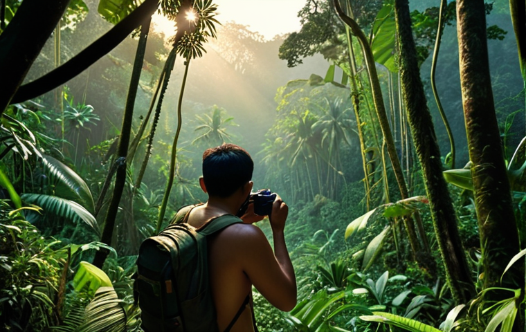 **Prompt 1:** A Thai explorer venturing into a lush, vibrant jungle at dawn, searching for a mythical creature, camera in hand.