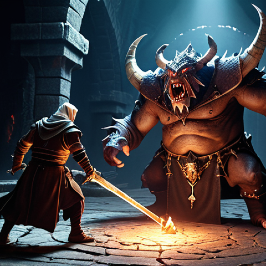**A dungeon adventure scene:** A warrior, priest, and mage, working as a team, battling a large boss monster in a dark dungeon. Focus on teamwork and strategy.