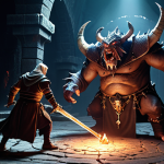 **A dungeon adventure scene:** A warrior, priest, and mage, working as a team, battling a large boss monster in a dark dungeon. Focus on teamwork and strategy.