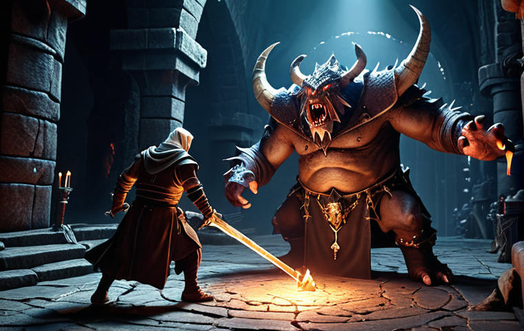 **A dungeon adventure scene:** A warrior, priest, and mage, working as a team, battling a large boss monster in a dark dungeon. Focus on teamwork and strategy.
