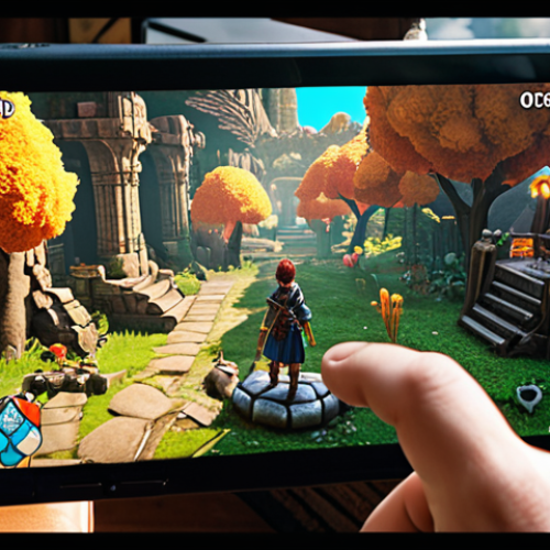 A person, seen from a slightly elevated angle, is deeply absorbed in playing a vibrant RPG on a Nintendo Switch in handheld mode. The background ingeniously blends from a cozy, well-lit living room setting (with a sofa) on one side, to a bustling urban cafe, and finally to a scenic view from a train window on the other side, symbolizing portability. On the Switch screen, a colorful, fantastical RPG world is depicted, showing a protagonist exploring a magical forest filled with glowing flora and ancient ruins, or engaged in an epic battle with a mythical creature. The atmosphere is serene and immersive, highlighting the seamless transition of grand adventures into daily life.