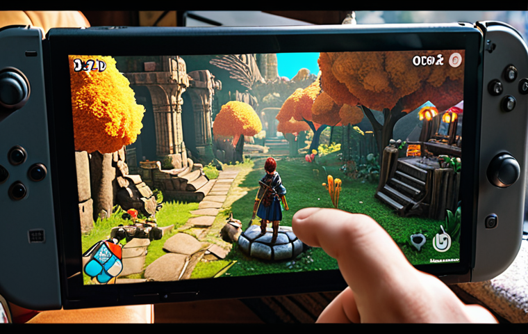 A person, seen from a slightly elevated angle, is deeply absorbed in playing a vibrant RPG on a Nintendo Switch in handheld mode. The background ingeniously blends from a cozy, well-lit living room setting (with a sofa) on one side, to a bustling urban cafe, and finally to a scenic view from a train window on the other side, symbolizing portability. On the Switch screen, a colorful, fantastical RPG world is depicted, showing a protagonist exploring a magical forest filled with glowing flora and ancient ruins, or engaged in an epic battle with a mythical creature. The atmosphere is serene and immersive, highlighting the seamless transition of grand adventures into daily life.