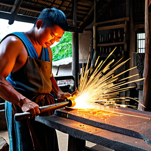 Home 16 롤플레잉 게임 속 주요 무기 디자인 - The Master Blacksmith**
"A skilled blacksmith in a bustling medieval Thai village workshop, forging...