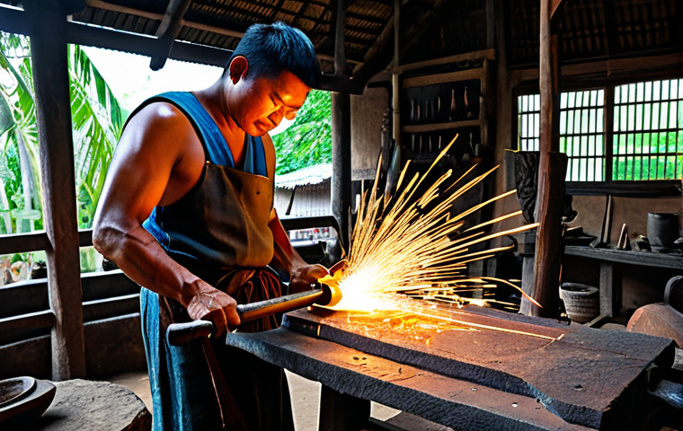 롤플레잉 게임 속 주요 무기 디자인 - The Master Blacksmith**

"A skilled blacksmith in a bustling medieval Thai village workshop, forging...